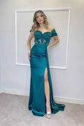 Off the Shoulder Long Split Prom Dress With Appliques Pleated