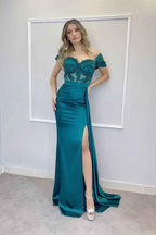 Off the Shoulder Long Split Prom Dress With Appliques Pleated