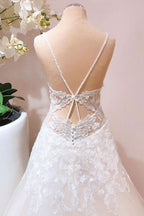 Spaghetti Strap A-Line Floor-Length Wedding Dress with Lace Tulle Appliques BM bride