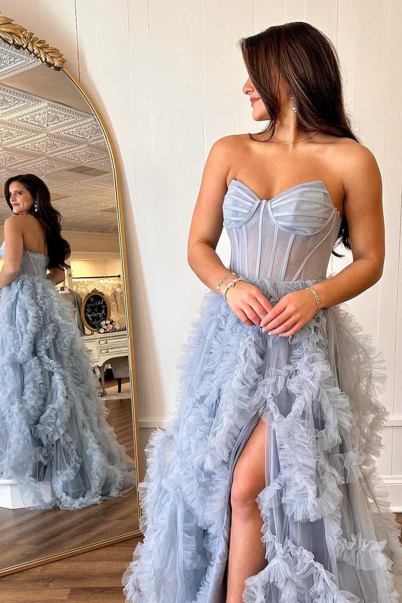Charming Blue Strapless Ruffle Tulle A-Line Long Prom Dress with Slit BM bride