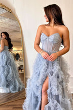 Charming Blue Strapless Ruffle Tulle A-Line Long Prom Dress with Slit BM bride