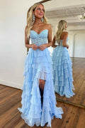 A Line Sweetheart Light Blue Long Tiered Chiffon Prom Dress with Appliques