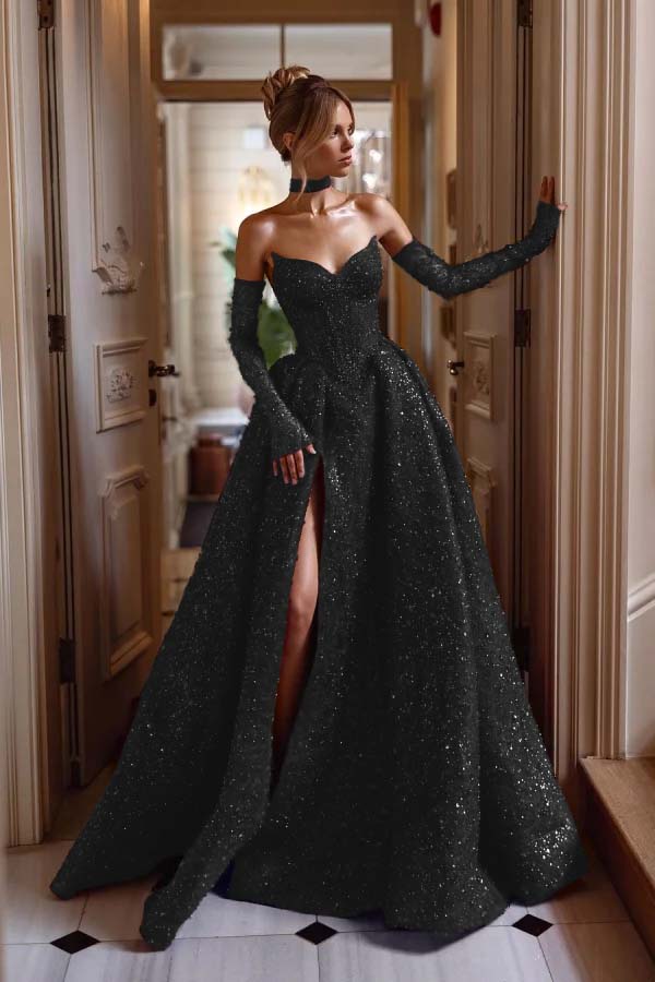 Strapless Sleeveless Long Split Prom Dress With Sequins Detachable sleeves