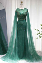 Jewel Neck Mermaid Prom Dress Cap Sleeves Tulle With Appliques Diamond