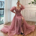 Pink Mermaid High Split Evening Dress, Beaded Bubble Sleeve BM bride