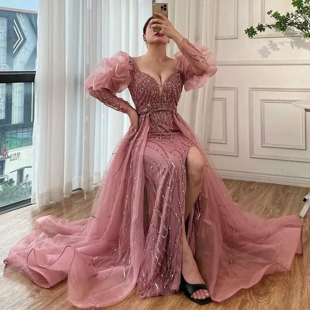 Pink Mermaid Evening Dress with High Split and Bubble Sleeve BM bride