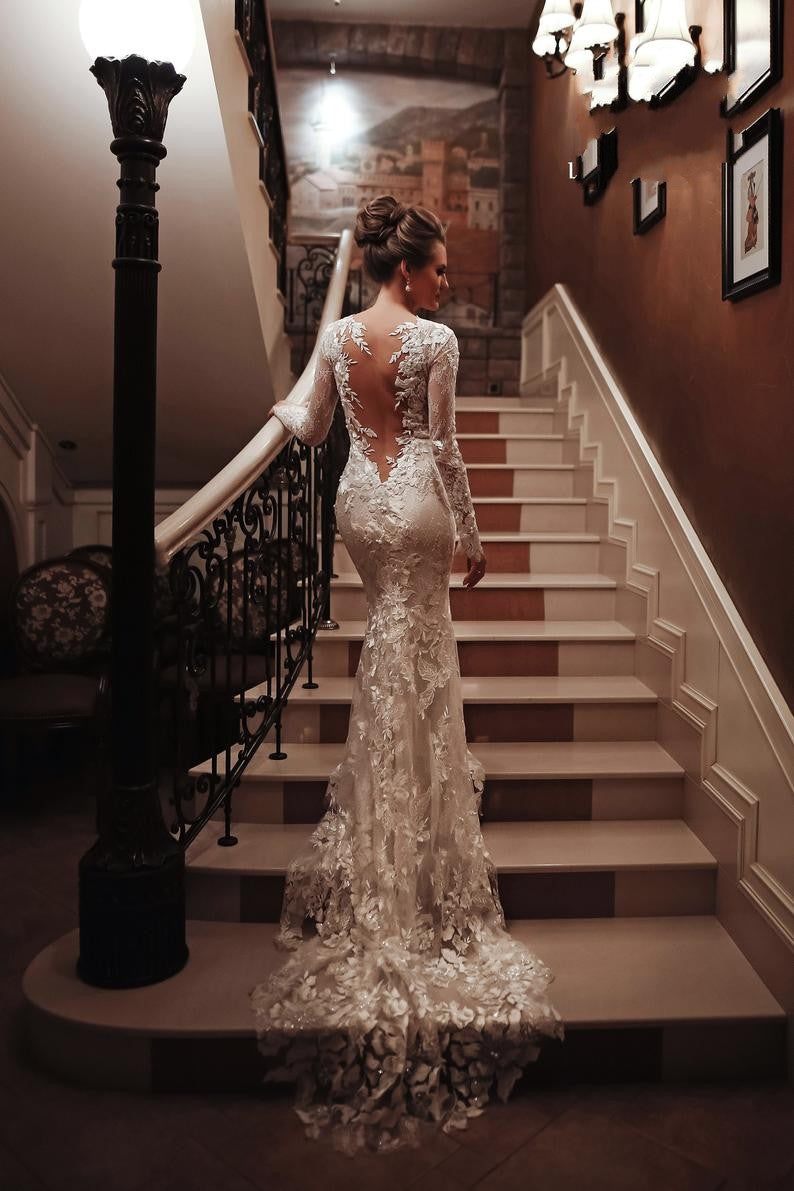 Unique Long Sleeve High Neck Backless Mermaid Wedding Dress with Lace Appliques BM bride
