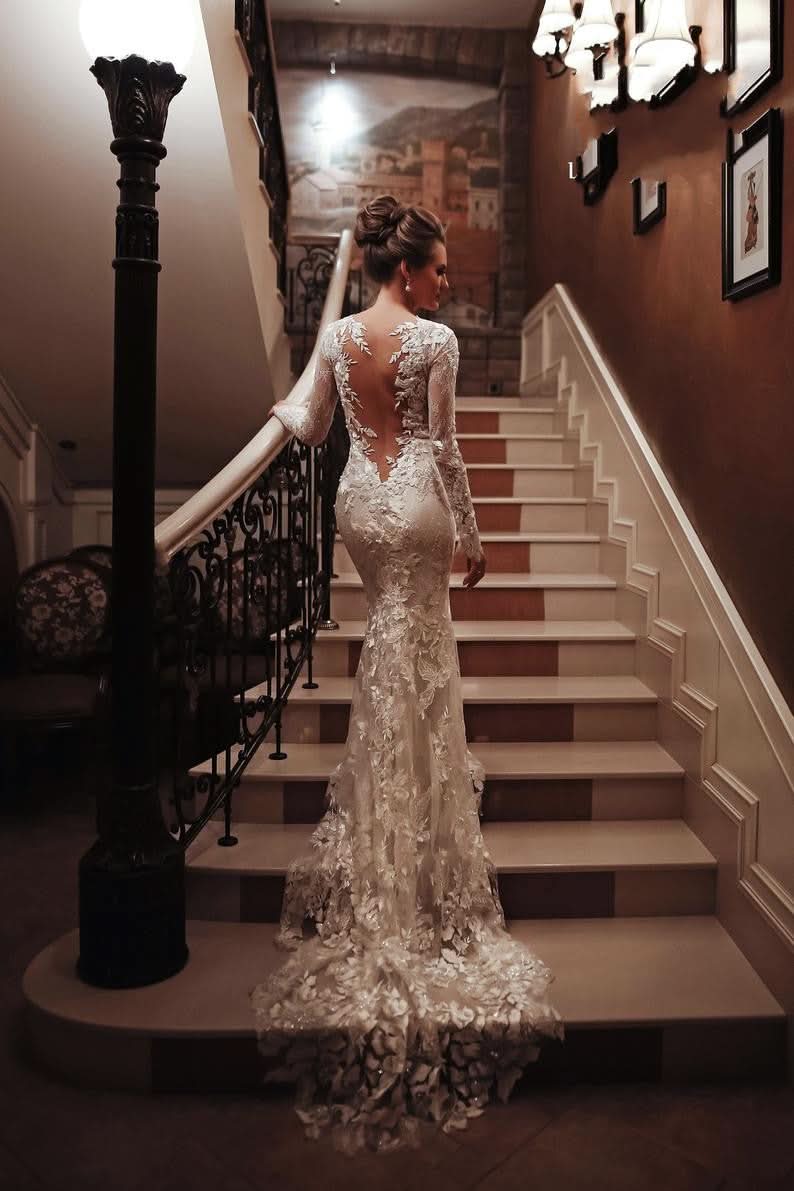 Unique Long Sleeve High Neck Backless Mermaid Wedding Dress with Lace Appliques BM bride