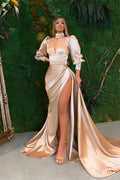 Stunning Mermaid Long Sleeves Pleated Prom Dress High Neck With Side Split BMBRIDE