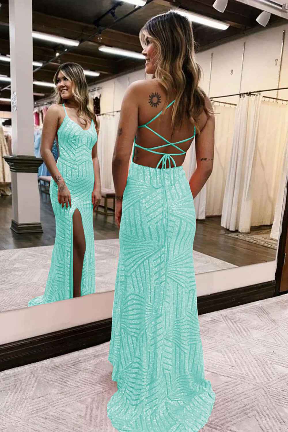 Sheath Spaghetti Straps Orange Sequins Long Prom Dress with Criss Cross Back