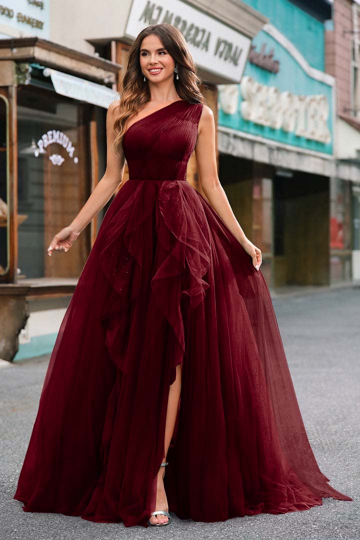One Shoulder Sleeveless Long Split Prom Dress With Sequins Tulle