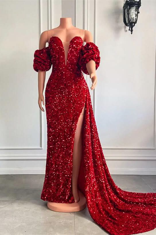 Bubble Sleeves Strapless Mermaid Prom Dress with Split BM bride