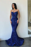 Royal Blue Spaghetti Strap Long Mermaid Prom Dress with Sequins BM bride