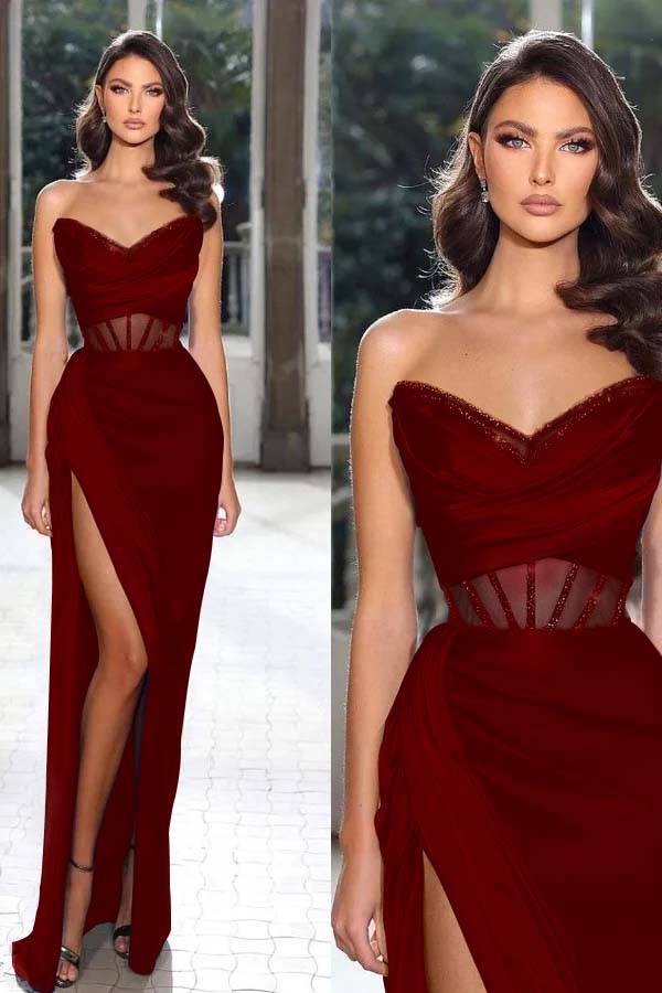 Strapless Sleeveless Long Mermaid Prom Dress With Split Pleated BMBRIDE