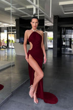 Pink Halter Sleeveless Mermaid Prom Dress with Long Split BM bride