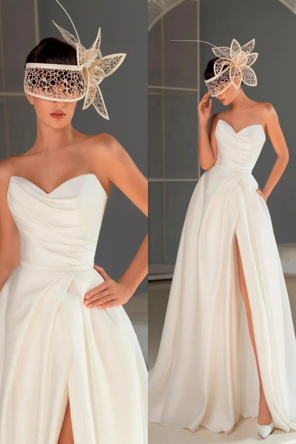 Elegant Strapless Pleated Prom Dress, Chic Split Long BM bride