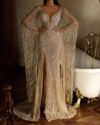 Sexy Tulle Slit Mermaid Evening Dress with Long Sleeves and Beading Sequins BM bride