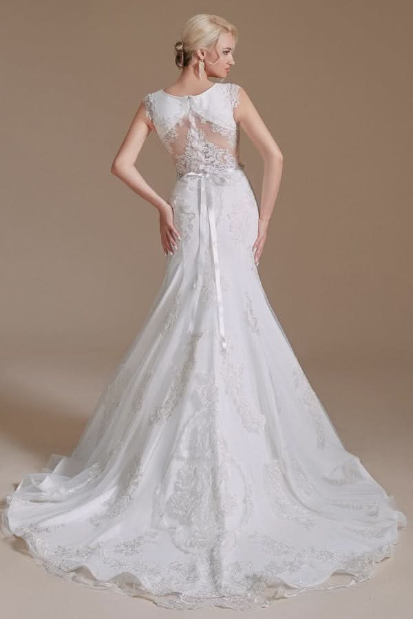 Mermaid Jewel Neck Long Wedding Dress with Tulle Lace BM bride