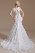 Mermaid Jewel Neck Long Wedding Dress with Tulle Lace BM bride