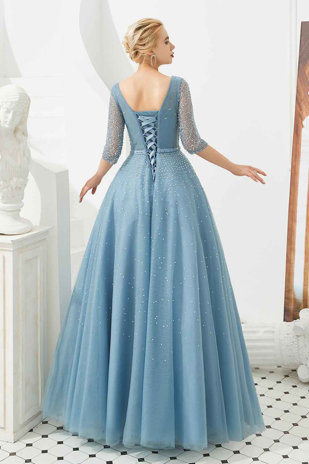 V Neck Dusty Blue Half Sleeves Prom Dress With Beading Lace up