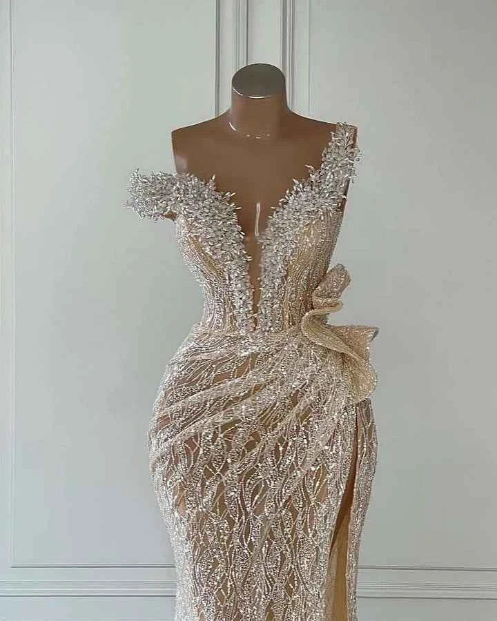 Sequins One Shoulder Sleeveless Long Mermaid Prom Dress With Split