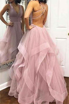 Candy Pink Tulle Deep V Neck Sleeveless Backless Prom Dress With Ruffles