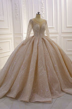 Bateau Long Sleeve Floor-Length Ball Gown Wedding Dress with Ruffles BM bride