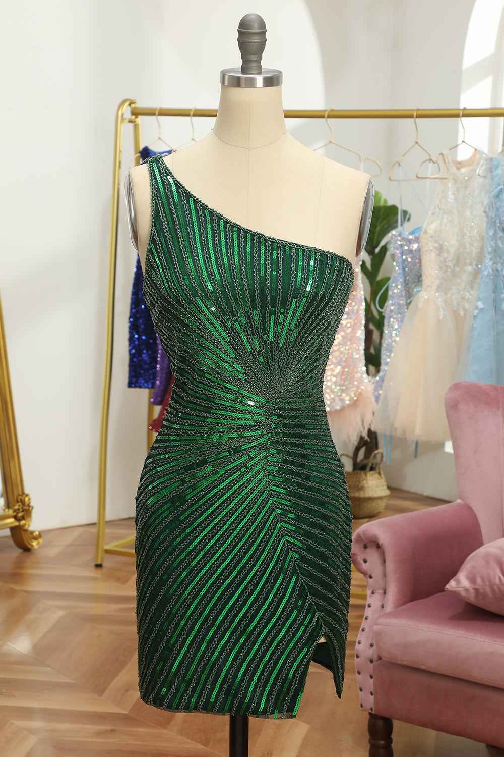 Glitter Orange One Shoulder Beaded Tight Homecoming Dress Bmbride