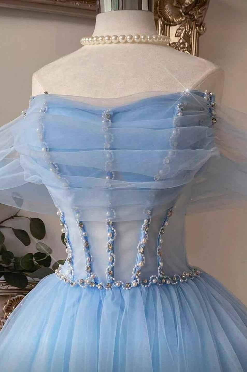 Tulle Off The Shoulder Sleeveless Short A Line Prom Dress With Beading BMBRIDE