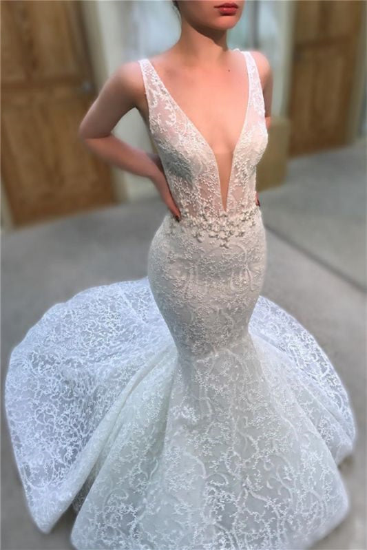 Sleeveless Deep V-Neck Long Mermaid Wedding Dress with Lace Appliques BM bride