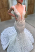 Sleeveless Deep V-Neck Long Mermaid Wedding Dress with Lace Appliques BM bride
