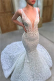 Sleeveless Deep V-Neck Long Mermaid Wedding Dress with Lace Appliques BM bride