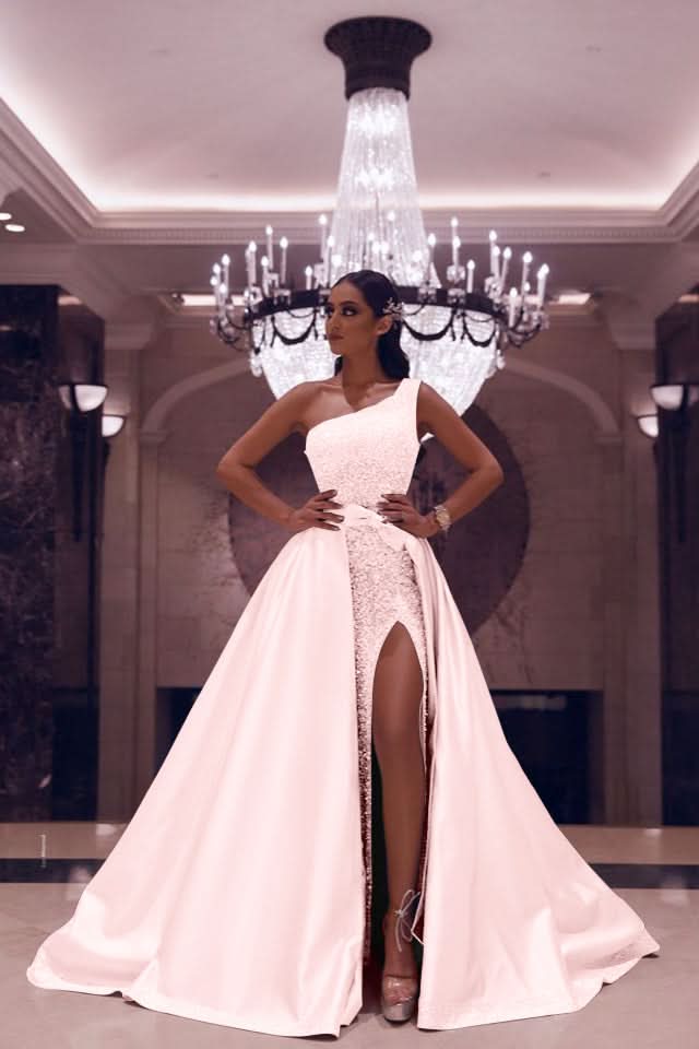 Silvery One-Shoulder Long Mermaid Prom Dress with Split and Sequins BM bride