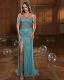 Charming Green Evening Dress Prom Dress Strapless Off-the-Shoulder with Sequins and Slit BM bride