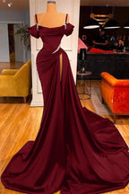 Green Off-the-Shoulder Prom Dress with Long Slit and Pleated Detail BM bride