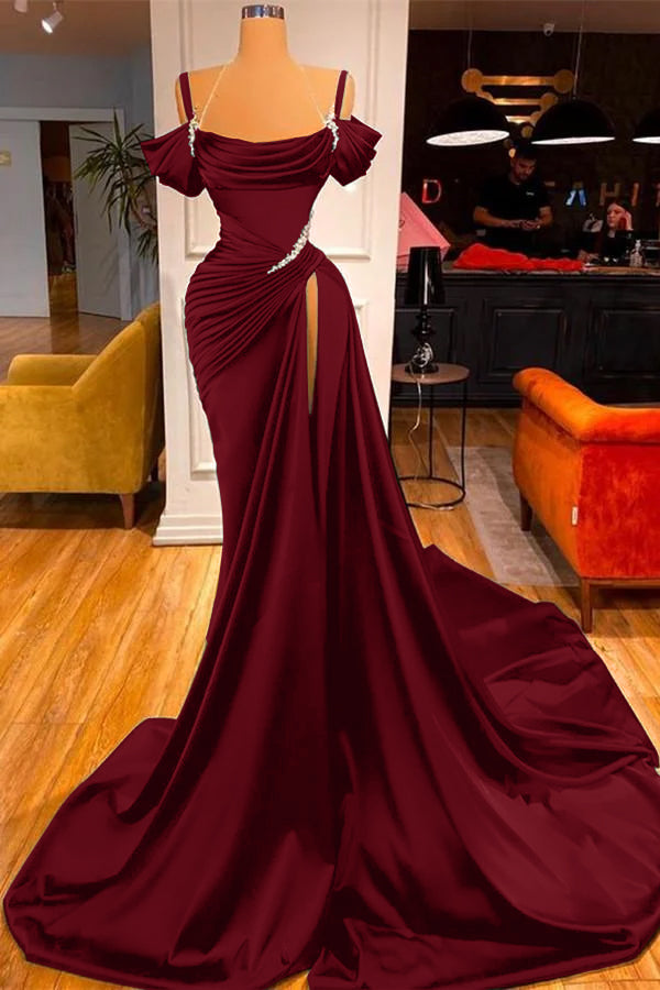 Green Chic Off the Shoulder Beadings Pleated Prom Dress Long With High Split BMBRIDE