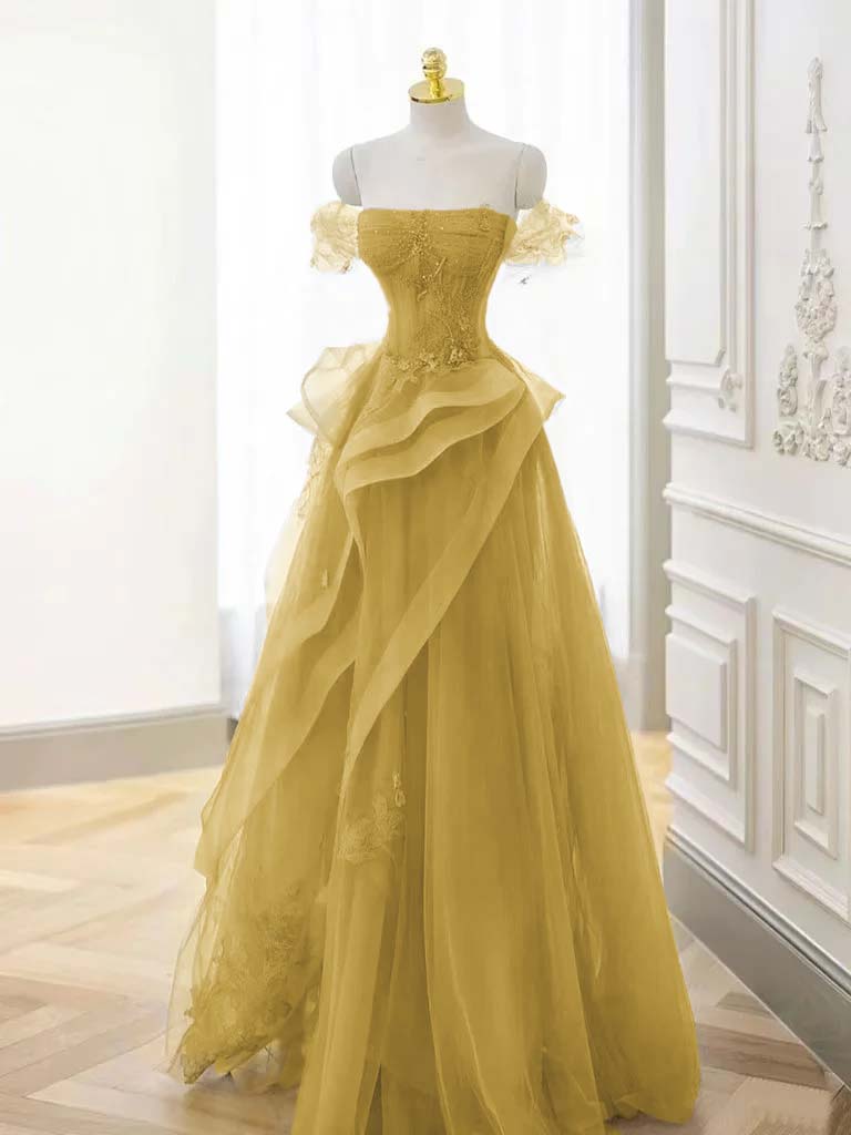 Tulle Off the Shoulder Sleeveless Long Prom Dress With Appliques BMBRIDE