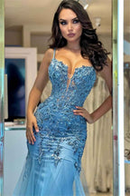 Stunning Tulle Spaghetti Strap Sleeveless Long Prom Dress With Embroidery