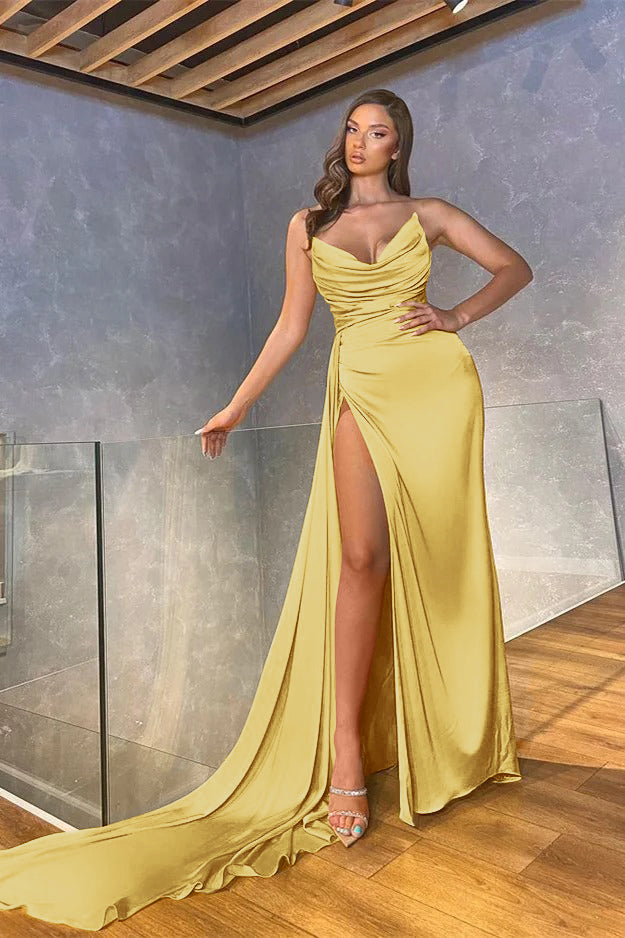 Chic Mermaid Strapless Sleeveless Long Pleated Prom Dress With High Split