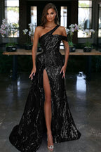 Blue One-Shoulder Evening Dress with Sequin Slit BM bride