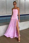 Strapless Sleeveless Ruffles Long Prom Dress With Front Split