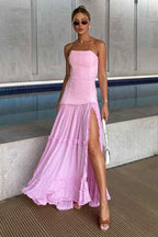 Strapless Sleeveless Ruffles Long Prom Dress With Front Split