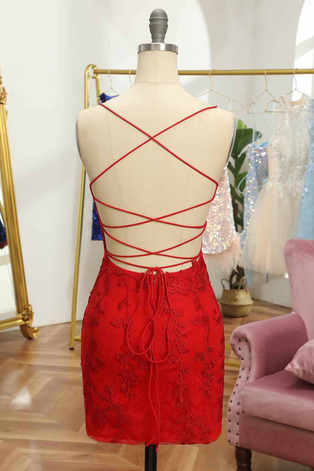 Stormy Spaghetti Straps Tight Short Homecoming Dress with Appliques Bmbride