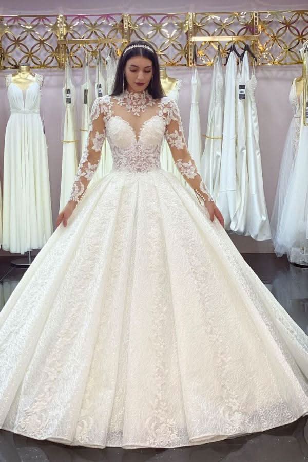 High Neck Jewel Long Sleeve Wedding Dress with Lace Appliques BM bride