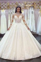 High Neck Jewel Long Sleeve Wedding Dress with Lace Appliques BM bride