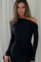 Glamorous Black One Shoulder Long Sleeves Long Prom Dress Online With Pleated
