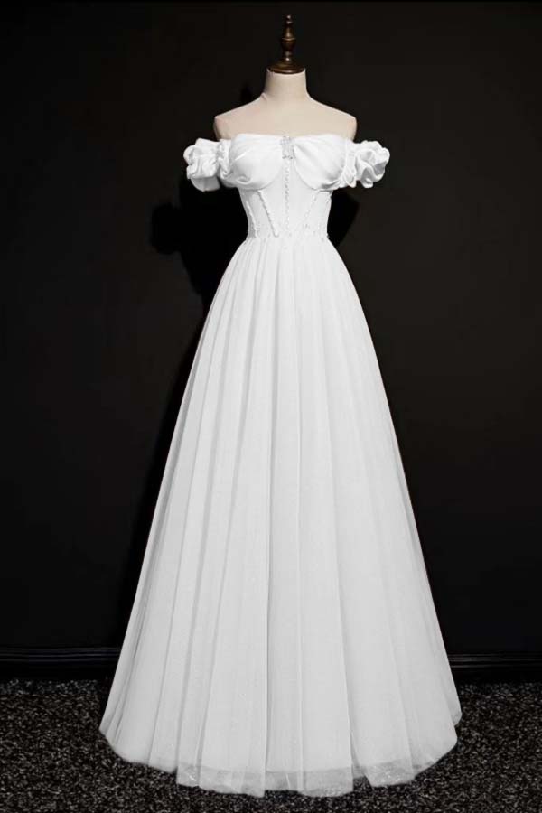 Off the Shoulder Strapless Sleeveless Long Prom Dress With Tulle BMBRIDE