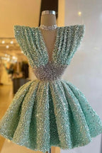 Deep V-Neck Cap Sleeves Evening Dress with Sequins, Beadings, and Choker BM bride