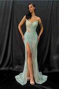 Light Green Strapless Sweetheart Split Prom Dress Mermaid With Sequins