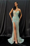 Light Green Strapless Sweetheart Split Prom Dress Mermaid with Sequins BM bride